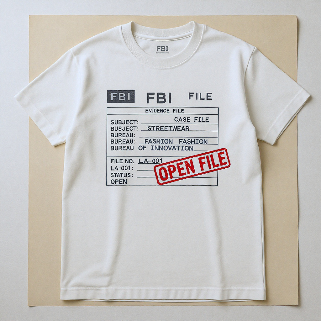 Cream tee with FBI Case File graphic print: SUBJECT: STREETWEAR, BUREAU: FASHION BUREAU OF INNOVATION, FILE NO.: LA-001, STATUS: OPEN, OPEN FILE stamp.