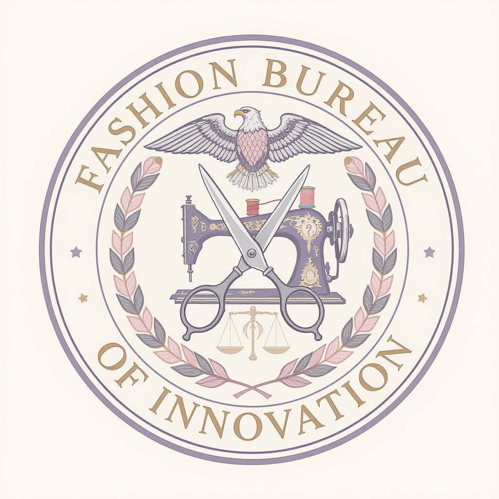 Bureau seal — a circular emblem with crossed tailor's scissors and a vintage sewing machine at the center, ringed by thread spools and pins on a pastel periwinkle, blush, and sage palette.